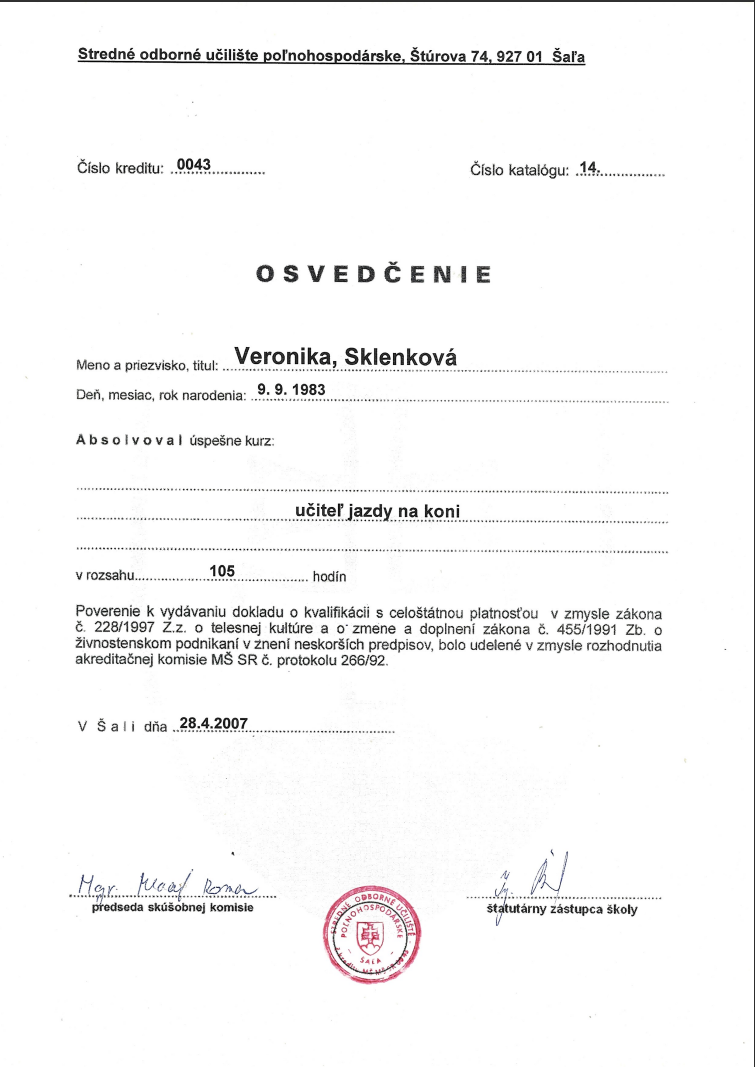 Osvedčenie trénera jazdy na koni